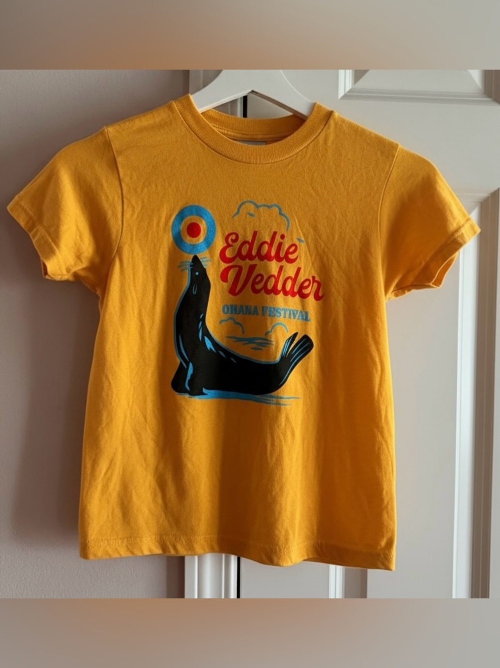Kids Yellow Eddie Vedder Ohana Festival Seal Design Short Sleeve T-Shirt